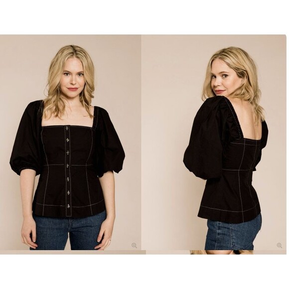Ganni Slate Top Black Puff Sleeves Size 36 Button Front Blouse %100 Cotton - Picture 6 of 9